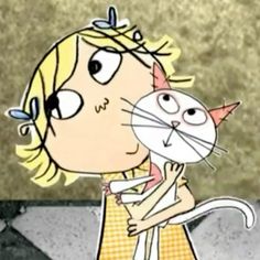 a cartoon character is holding a cat in her arms and looking at the ground with one eye open