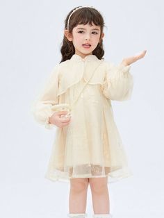 Girls Spring And Autumn Chinese Style Retro Cheongsam Collar Fluffy Mesh Embroidery Printed Kids Long-Sleeved Dress Beige Beige Cute  Long Sleeve Woven Fabric Plain A Line Non-Stretch Spring/Fall Young Girls Clothing, size features are:Bust: ,Length: ,Sleeve Length: Baby Princess Dress, Mesh Embroidery, Dress Beige, Cheongsam, Spring And Autumn, Girls Clothing, Style Retro, Fall Dresses, Elegant Fashion