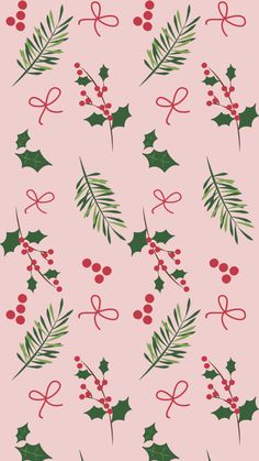 a pink background with holly and berries on it