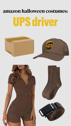 a woman in brown outfit and hat next to boxes, socks, cell phone and other items