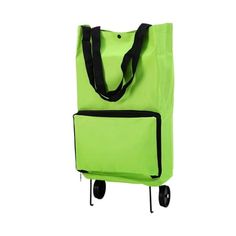 a green shopping bag with wheels and handles on the front, it has a black handle