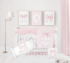 Made just for your little darling, you're going to LOVE this personalized baby girl pink bow crib bedding set! Perfect for any baby girl nursery bedding, personalize this gingham pink bow baby girl crib bedding set with your baby girl name and initial on these personalized baby girl crib bedding pieces and coquette nursery decor items for an adorable addition to your baby girl pink nursery, pink bow nursery, or gingham nursery! ♥ AVAILABLE CRIB BEDDING SIZES All of my crib bedding sets are avail Pink Bow Nursery, Coquette Nursery, Gingham Nursery, Bow Nursery, Baby Girl Crib Sheets, Pink Crib Bedding, Baby Girl Crib Bedding Sets, Mini Crib Bedding, Bedding Pink