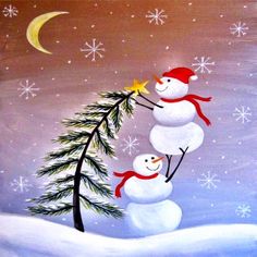 two snowmen are standing in the snow and one is holding a pine tree branch