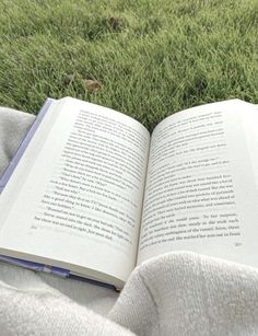 an open book sitting on top of a blanket in the grass next to a teddy bear