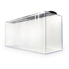 a large clear box sitting on top of a white floor next to a black object