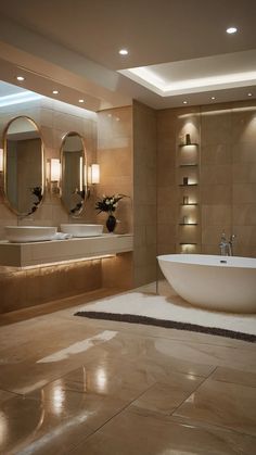 a large bathroom with two sinks and a bathtub in the middle of the room