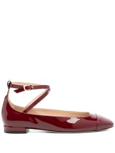 bordeaux red calf leather patent finish buckle-fastening ankle strap round toe branded leather insole contrast lining leather sole Formal Patent Leather Flats With Ankle Strap, Chanel 2, Ballerina Shoes, Loafer Mules, Demi Fine Jewelry, Fine Watches, Flat Boots, Fine Earrings, Ballet Flat Shoes