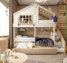 a child's bedroom with bunk beds and stairs in the ceiling is decorated with stars