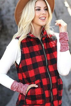 COTTON PADDED VEST RED . BACK IN STOCK Buffalo Plaid Quilt, Black Vest Outfit, Checker Vest, Cute Christmas Outfits, Vest Outfit, Padded Vest, Plaid Vest, Fall Clothes, Black Vest