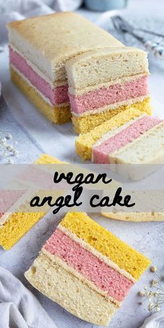 the cake is cut in half and ready to be eaten with text overlay that reads vegan angel cake