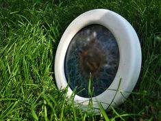 a white toilet bowl sitting in the grass