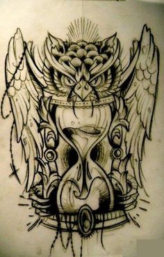 a drawing of an owl with wings on it's head and hourglass in the middle