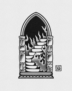 a drawing of a window with flames coming out of it