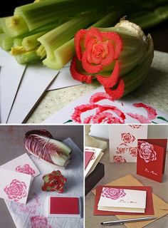 several pictures of different types of cards and paper with flowers on them, including celery