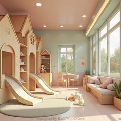 a child's playroom with wooden furniture and slides in the center, along with toys on the floor