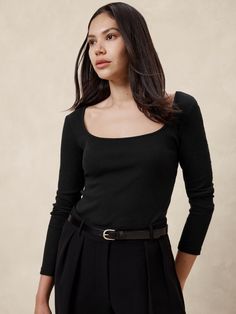 Ribbed Square-Neck Top | Banana Republic Factory Fall Square Neck Fitted Top, Stretch Square Neck Top For Workwear, Square Neck Tops For Workwear In Fall, Fall Workwear Tops With Square Neck, Casual Fitted Square Top, Casual Fitted Square-shape Top, Fall Square Neck Solid Color Top, Corporate Chic, Fits Aesthetic