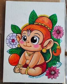 a painting of a monkey with flowers on it