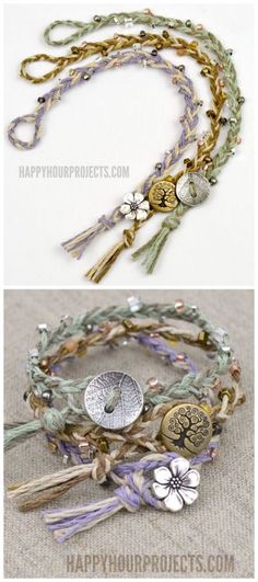 three different types of bracelets with charms and flowers on each strand, one has a charm