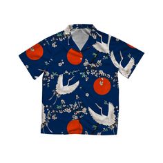 Vintage style short sleeve button up top featuring Japanese / Asian birds illustration. 🐦 Dress to impress with a Hawaiian Shirt 🌴by Twenty Apparel ‣ This is a rare Japanese art style bird shirt. ‣ With a classic fit, and a relaxed collar, our short sleeve Hawaiian shirts is comfortable for every occasions. It's decorated with original and trendy hand-drawn pattern. ‣ The material is light-weight, quick-drying, breathable, soft and durable, it will keep you comfortable and cool, which is deal Blue Printed Button-up Shirt, Blue Button-up T-shirt For Summer, Printed Relaxed Fit T-shirt With Camp Collar, Casual Graphic Print Button-up Shirt, Blue Short Sleeve T-shirt With Buttons, Blue Buttoned T-shirt For Summer, Blue Button-up Camp Shirt For Spring, Blue Collared Printed Short Sleeve Shirt, Blue Printed Collared Short Sleeve Shirt