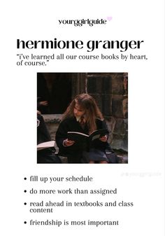 a woman reading a book with the words hermionegraner on it's page