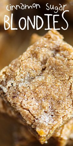 cinnamon sugar blondies stacked on top of each other with text overlay that reads cinnamon sugar blondies