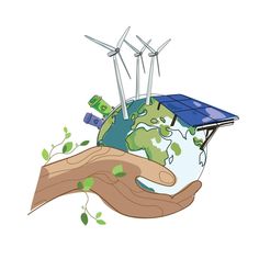 a hand holding a small green earth with wind turbines on it and money in the palm