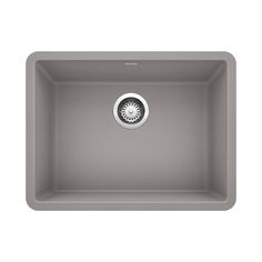 an image of a gray sink on a white background with a drain in the middle