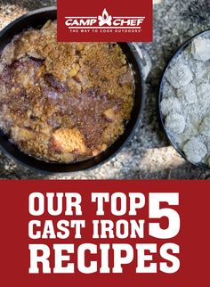 the top 5 cast iron recipes are on display in front of a red sign that says our top 5 cast iron recipes