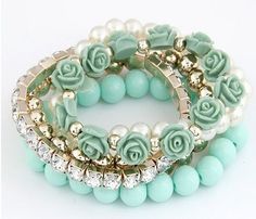 Free Shipping Mint Green Bangle Bracelets Pearl Multi layered Rose Bracelets Rose Bracelet, Kinds Of Shoes, Elastic Bracelet, Flower Bracelet, Charm Bracelets, Rose Flower, Stretch Bracelets, Bracelet Set, Fashion Bracelets