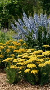 yellow and blue flowers in a garden with gravel path leading up to it's center