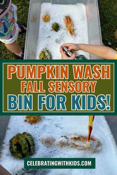 kids are playing with pumpkins and water in an outdoor play area that is filled with foam