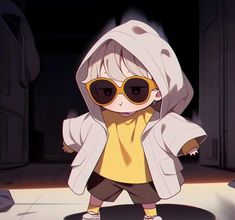 a cartoon character wearing sunglasses and a hoodie standing on a skateboard in front of a doorway