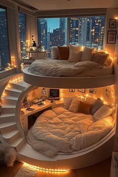 a spiral staircase bed in the middle of a room with lots of lights on it