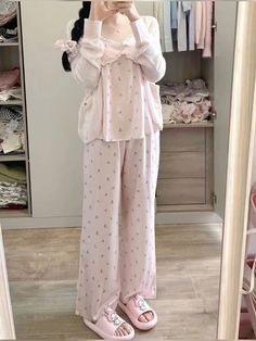 Cute Aesthetic Pjs, Pajamas Kawaii, Pajama Slippers, Korean Pjs, Cute Chinese Outfits, Pink Pajama, Kawaii Sleepwear, Hello Kitty Sleepwear, Pink Sleepwear