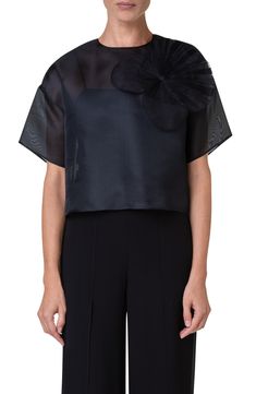 Akris Poppy Patch Crop Silk Organza Top | Nordstrom Organza Tops, Designer Clothing Brands, Organza Top, Cotton Crop Top, Bleached Denim, Embroidered Wool, Silk Knit, Silk Organza, Jewel Neck