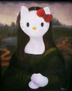 a painting of a cat with a red bow on its head sitting in front of a landscape