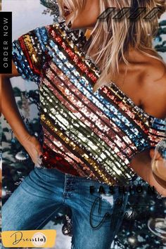 Women Multicolour Sequins Lined Blouse Tops Sparkly Crop Tops, Sequins Blouse, Mode Hippie, Sequin Blouse, Multi Color Blouse, Mode Boho, Shirt Female, Off Shoulder Fashion, Elegant Casual