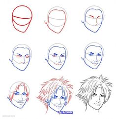 how to draw an anime character's face with different facial expressions and hair styles