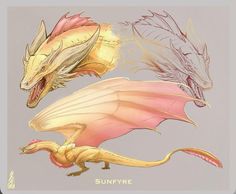 three different types of dragon like animals on a gray background with the words sunfyre written below