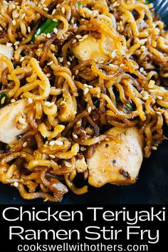 chicken teriyaki ramen stir fry on a black plate