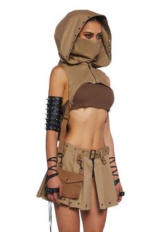 Club Exx Cropped Backpack Hoodie - Sand – Dolls Kill Steampunk Rave Outfit, Apocalyptic Fashion Women Outfits, Mad Max Outfit Women, Rave Outfits For Women, Stylish Outfits Korean, Rave Costumes Halloween, Apocalypse Outfit Women, Post Apocalyptic Outfit Women, Post Apocalypse Outfit