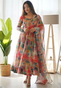 Readymade Organza Pakistani Suit in Multicolor This attire is Enhanced with Digital Print and Gota Lace Work.Crafted in Round Neck and Full Sleeve Available with a Faux Crepe Pant in Coral Pink and a Organza Dupatta in Multicolor The Kameez and Bottom Length are 48 and 37 inches respectively Do note: Accessories shown in the image are for presentation purposes only and length may vary upto 2 inches.(Slight variation in actual color vs. image is possible). Organza Kurti, Silk Anarkali Suits, Bright Colored Outfits, Organza Suits, Gown With Dupatta, Cotton Anarkali, Printed Gowns, Anarkali Kurta, Anarkali Gown