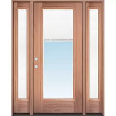 an image of a wooden door with blinds on the glass and sidelights in light wood