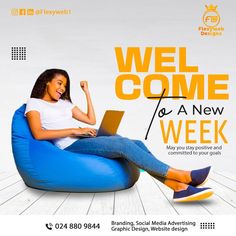 a woman sitting on a bean bag chair with a laptop in her lap and the caption welcome to a new week