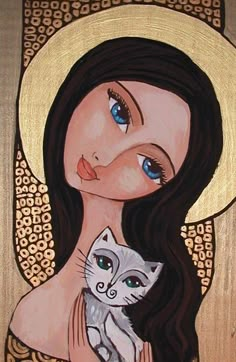 a painting of a woman holding a cat with blue eyes and long hair, wearing a white hat