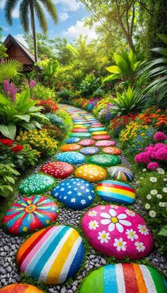 colorful rocks in the middle of a garden with flowers and plants around them, all painted different colors