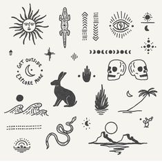 an assortment of tattoos and other items on a white background with the sun in the sky