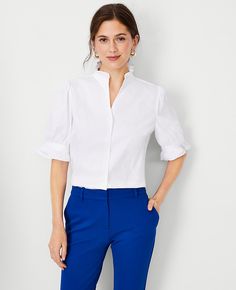 Poplin Ruffle Button Top Ann Taylor Petite, Knitted Suit, Taylor White, Wardrobe Edit, Event Outfit, Blouse Tops, Button Top, Ruffle Collar, Petite Tops