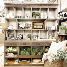 an old wooden shelf filled with lots of plants and knick - knacks