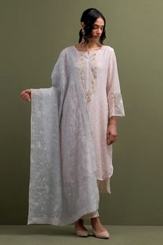 Pink kurta with thread embroidery and organza patch on the sleeves. Paired with embroidered hem pant and an embroidered dupatta. - Aza Fashions Elegant Traditional Wear With Lace Work In Organza, Elegant Lace Work Dupatta For Spring, Elegant Traditional Wear With Intricate Embroidery For Spring, Elegant Salwar Kameez With Lace Work In Traditional Drape, Elegant Chanderi Traditional Wear With Lace Work, Chikankari Embroidery Dupatta For Spring Receptions, Elegant Salwar Kameez With Lace Work, Spring Reception Dupatta With Chikankari Embroidery, Elegant Dupatta In Traditional Drape For Spring